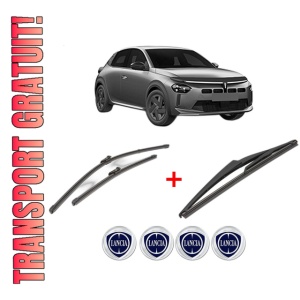 Set 3 stergatoare LANCIA YPSILON (L21) din 2024, pentru parbriz si luneta fata si spate auto, Valeo Silencio, din cauciuc siliconat rezistent, 4 Stickere Auto LANCIA