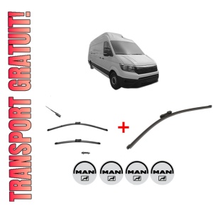 Set 3 stergatoare MAN TGE Van din 2017 - 2024, pentru parbriz si luneta fata si spate auto, Valeo Silencio Xtrm, din cauciuc siliconat rezistent, 4 Stickere Auto MAN