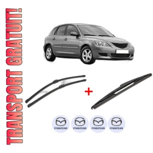 Set 3 stergatoare MAZDA 3 (BK) din 2003 - 2009, pentru parbriz si luneta fata si spate auto, Valeo Silencio, din cauciuc siliconat rezistent, 4 Stickere Auto MAZDA