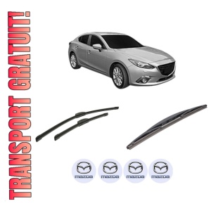Set 3 stergatoare MAZDA 3 Hatchback (BP) din 2018-2021, pentru parbriz si luneta fata si spate auto, Bosch Twin-Aerotwin Retrofit, din cauciuc siliconat rezistent, 4 Stickere Auto MAZDA