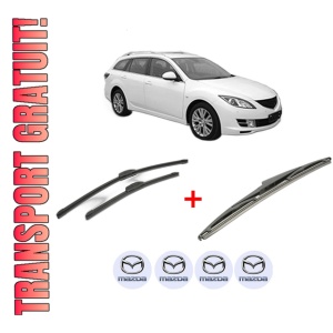 Set 3 stergatoare MAZDA 6 Estate (GH) din 2007 - 2013, pentru parbriz si luneta fata si spate auto, Bosch Twin, din cauciuc siliconat rezistent, 4 Stickere Auto MAZDA
