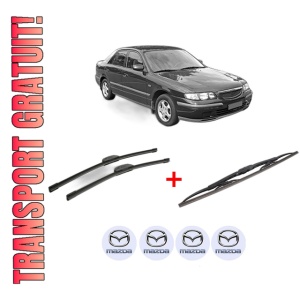 Set 3 stergatoare MAZDA 626 V Hatchback (GF) din 1997 - 2002, pentru parbriz si luneta fata si spate auto, Bosch Twin, din cauciuc siliconat rezistent, 4 Stickere Auto MAZDA