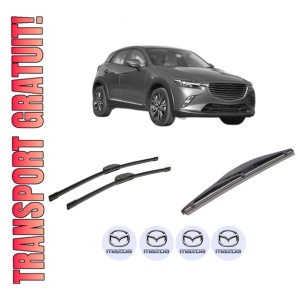 Set 3 stergatoare MAZDA CX-3 (DK) din 2015-2018, pentru parbriz si luneta fata si spate auto, Bosch Twin-Aerotwin Retrofit, din cauciuc siliconat rezistent, 4 Stickere Auto MAZDA