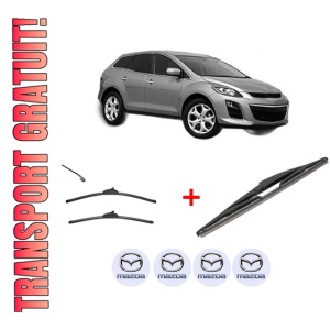 Set 3 stergatoare MAZDA CX-7 (ER) din 2006 - 2014, pentru parbriz si luneta fata si spate auto, Valeo Silencio, din cauciuc siliconat rezistent, 4 Stickere Auto MAZDA