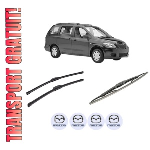 Set 3 stergatoare MAZDA MPV II (LW) din 1999-2006, pentru parbriz si luneta fata si spate auto, Bosch Twin-Aerotwin Retrofit, din cauciuc siliconat rezistent, 4 Stickere Auto MAZDA