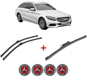 Set 3 stergatoare MERCEDES-BENZ C-CLASS T-Model (S205) din 2014 - 2021, pentru parbriz si luneta fata si spate auto, Valeo Silencio Xtrm, din cauciuc siliconat rezistent, 4 Stickere Auto MERCEDES-BENZ v12982