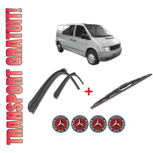Set 3 stergatoare MERCEDES-BENZ VITO Bus (W638) din 1996 - 2003, pentru parbriz si luneta fata si spate auto, Bosch Twin, din cauciuc siliconat rezistent, 4 Stickere Auto MERCEDES-BENZ