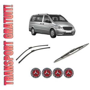 Set 3 stergatoare MERCEDES-BENZ VITO Bus (W639) din 2003-2014, pentru parbriz si luneta fata si spate auto, Bosch Twin-Aerotwin, din cauciuc siliconat rezistent, 4 Stickere Auto MERCEDES-BENZ