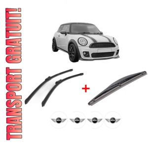 Set 3 stergatoare MINI MINI CLUBMAN (F54) din 2014 - 2024, pentru parbriz si luneta fata si spate auto, Bosch Twin, din cauciuc siliconat rezistent, 4 Stickere Auto MINI