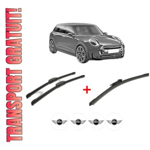 Set 3 stergatoare MINI MINI CLUBMAN (R55) din 2007 - 2014, pentru parbriz si luneta fata si spate auto, Bosch Aerotwin, din cauciuc siliconat rezistent, 4 Stickere Auto MINI