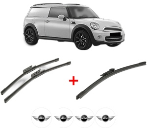 Set 3 stergatoare MINI MINI CLUBVAN (R55) din 2012 - 2014, pentru parbriz si luneta fata si spate auto, Bosch Aerotwin, din cauciuc siliconat rezistent, 4 Stickere Auto MINI v6263