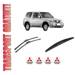 Set 3 stergatoare MITSUBISHI PAJERO CLASSIC (V2_W, V6_W, V7_W) din 2001-2006, pentru parbriz si luneta fata si spate auto, Bosch Twin-Aerotwin Retrofit, din cauciuc siliconat rezistent, 4 Stickere Auto MITSUBISHI