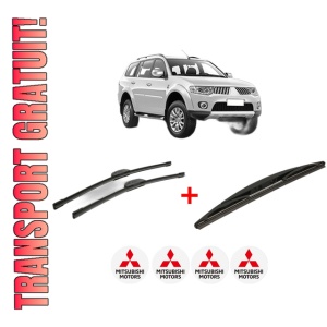Set 3 stergatoare MITSUBISHI PAJERO SPORT II (KH_, KG_) din 2008 - 2015, pentru parbriz si luneta fata si spate auto, Bosch Twin, din cauciuc siliconat rezistent, 4 Stickere Auto MITSUBISHI