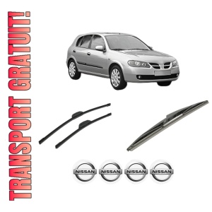 Set 3 stergatoare NISSAN ALMERA II Hatchback (N16) din 2000-2006, pentru parbriz si luneta fata si spate auto, Bosch Twin-Aerotwin Retrofit, din cauciuc siliconat rezistent, 4 Stickere Auto NISSAN