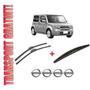 Set 3 stergatoare NISSAN CUBE (Z12) din 2009, pentru parbriz si luneta fata si spate auto, Bosch Twin, din cauciuc siliconat rezistent, 4 Stickere Auto NISSAN