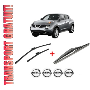 Set 3 stergatoare NISSAN JUKE Van (F15) din 2010 - 2019, pentru parbriz si luneta fata si spate auto, Bosch Twin, din cauciuc siliconat rezistent, 4 Stickere Auto NISSAN
