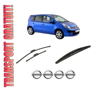 Set 3 stergatoare NISSAN NOTE (E11, NE11) din 2006-2013, pentru parbriz si luneta fata si spate auto, Bosch Twin-Aerotwin Retrofit, din cauciuc siliconat rezistent, 4 Stickere Auto NISSAN