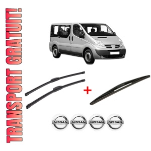 Set 3 stergatoare NISSAN PRIMASTAR Bus (X83) din 2001 - 2006, pentru parbriz si luneta fata si spate auto, Bosch Twin, din cauciuc siliconat rezistent, 4 Stickere Auto NISSAN