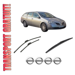 Set 3 stergatoare NISSAN PRIMERA Hatchback (P12) din 2002-2008, pentru parbriz si luneta fata si spate auto, Bosch Twin-Aerotwin Retrofit, din cauciuc siliconat rezistent, 4 Stickere Auto NISSAN