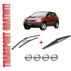 Set 3 stergatoare NISSAN QASHQAI I (J10, NJ10) din 2006 - 2014, pentru parbriz si luneta fata si spate auto, Valeo Silencio, din cauciuc siliconat rezistent, 4 Stickere Auto NISSAN