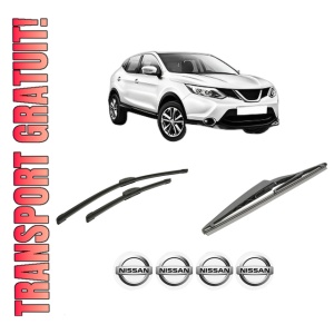 Set 3 stergatoare NISSAN QASHQAI II (J11, J11_) din 2013-2020, pentru parbriz si luneta fata si spate auto, Bosch Twin-Aerotwin Retrofit, din cauciuc siliconat rezistent, 4 Stickere Auto NISSAN