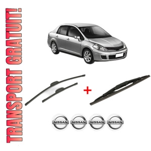 Set 3 stergatoare NISSAN TIIDA Saloon (SC11) din 2007 - 2012, pentru parbriz si luneta fata si spate auto, Bosch Twin, din cauciuc siliconat rezistent, 4 Stickere Auto NISSAN