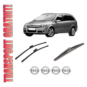 Set 3 stergatoare OPEL ASTRA H Estate (A04) din 2004-2014, pentru parbriz si luneta fata si spate auto, Bosch Twin-Aerotwin Multi, din cauciuc siliconat rezistent, 4 Stickere Auto OPEL
