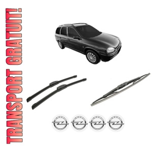 Set 3 stergatoare OPEL CORSA B Estate (S93) din 1999-2002, pentru parbriz si luneta fata si spate auto, Bosch Twin-Aerotwin Retrofit, din cauciuc siliconat rezistent, 4 Stickere Auto OPEL