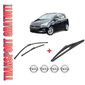 Set 3 stergatoare OPEL CORSA E (X15) din 2014 - 2019, pentru parbriz si luneta fata si spate auto, Valeo Silencio, din cauciuc siliconat rezistent, 4 Stickere Auto OPEL