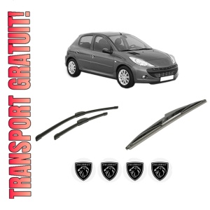 Set 3 stergatoare PEUGEOT 206+ (2L_, 2M_) din 2009-2013, pentru parbriz si luneta fata si spate auto, Bosch Twin-Aerotwin Retrofit, din cauciuc siliconat rezistent, 4 Stickere Auto PEUGEOT