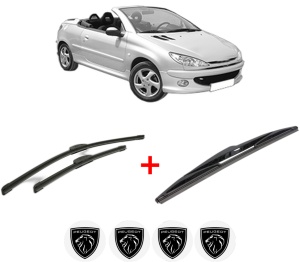 Set 3 stergatoare PEUGEOT 206 CC (2D) din 2000 - 2007, pentru parbriz si luneta fata si spate auto, Bosch Twin, din cauciuc siliconat rezistent, 4 Stickere Auto PEUGEOT v8423