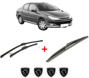 Set 3 stergatoare PEUGEOT 206 Saloon din 2007, pentru parbriz si luneta fata si spate auto, Bosch Twin, din cauciuc siliconat rezistent, 4 Stickere Auto PEUGEOT v8123