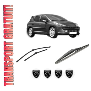 Set 3 stergatoare PEUGEOT 207 SW (WK_) din 2007-2013, pentru parbriz si luneta fata si spate auto, Bosch Twin-Aerotwin, din cauciuc siliconat rezistent, 4 Stickere Auto PEUGEOT