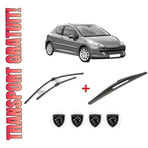 Set 3 stergatoare PEUGEOT 207 (WA_, WC_) din 2006 - 2015, pentru parbriz si luneta fata si spate auto, Valeo Silencio, din cauciuc siliconat rezistent, 4 Stickere Auto PEUGEOT