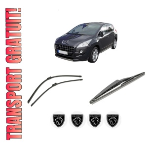 Set 3 stergatoare PEUGEOT 3008 I MPV (0U_) din 2009-2016, pentru parbriz si luneta fata si spate auto, Bosch Twin-Aerotwin, din cauciuc siliconat rezistent, 4 Stickere Auto PEUGEOT