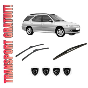 Set 3 stergatoare PEUGEOT 306 Break (7E, N3, N5) din 1997-2002, pentru parbriz si luneta fata si spate auto, Bosch Twin-Aerotwin Retrofit, din cauciuc siliconat rezistent, 4 Stickere Auto PEUGEOT