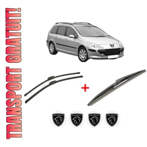 Set 3 stergatoare PEUGEOT 307 Break (3E) din 2002 - 2009, pentru parbriz si luneta fata si spate auto, Bosch Twin, din cauciuc siliconat rezistent, 4 Stickere Auto PEUGEOT