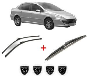 Set 3 stergatoare PEUGEOT 307 Saloon din 2006 - 2012, pentru parbriz si luneta fata si spate auto, Bosch Twin, din cauciuc siliconat rezistent, 4 Stickere Auto PEUGEOT v8063