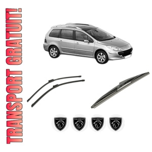 Set 3 stergatoare PEUGEOT 307 SW (3H) din 2002-2009, pentru parbriz si luneta fata si spate auto, Bosch Twin-Aerotwin, din cauciuc siliconat rezistent, 4 Stickere Auto PEUGEOT