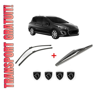 Set 3 stergatoare PEUGEOT 308 SW I Estate Van (4E_) din 2008 - 2012, pentru parbriz si luneta fata si spate auto, Bosch Twin, din cauciuc siliconat rezistent, 4 Stickere Auto PEUGEOT