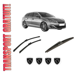 Set 3 stergatoare PEUGEOT 308 SW II (LC_, LJ_, LR_, LX_, L4_) din 2014-2021, pentru parbriz si luneta fata si spate auto, Bosch Twin-Aerotwin, din cauciuc siliconat rezistent, 4 Stickere Auto PEUGEOT