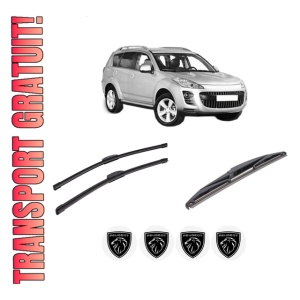 Set 3 stergatoare PEUGEOT 4007 (VU_, VV_) din 2007-2013, pentru parbriz si luneta fata si spate auto, Bosch Twin-Aerotwin Retrofit, din cauciuc siliconat rezistent, 4 Stickere Auto PEUGEOT