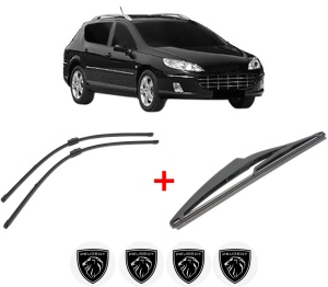 Set 3 stergatoare PEUGEOT 407 SW Estate Van (6E_) din 2009 - 2010, pentru parbriz si luneta fata si spate auto, Valeo Silencio, din cauciuc siliconat rezistent, 4 Stickere Auto PEUGEOT v15082