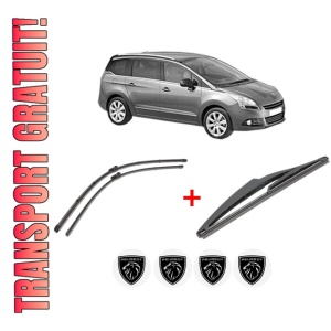 Set 3 stergatoare PEUGEOT 5008 (0U_, 0E_) din 2009 - 2017, pentru parbriz si luneta fata si spate auto, Valeo Silencio, din cauciuc siliconat rezistent, 4 Stickere Auto PEUGEOT
