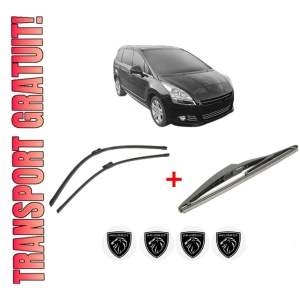 Set 3 stergatoare PEUGEOT 5008 I Van (0U_) din 2009 - 2017, pentru parbriz si luneta fata si spate auto, Bosch Twin, din cauciuc siliconat rezistent, 4 Stickere Auto PEUGEOT