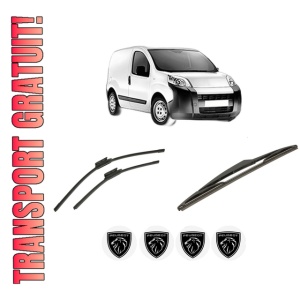 Set 3 stergatoare PEUGEOT BIPPER (AA_) din 2008-2010, pentru parbriz si luneta fata si spate auto, Bosch Twin-Aerotwin, din cauciuc siliconat rezistent, 4 Stickere Auto PEUGEOT