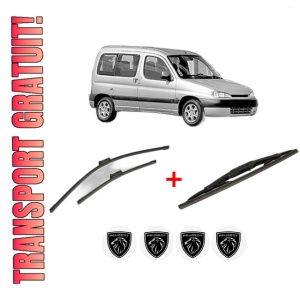 Set 3 stergatoare PEUGEOT PARTNER MPV (5_, G_) din 1996 - 2015, pentru parbriz si luneta fata si spate auto, Bosch Twin, din cauciuc siliconat rezistent, 4 Stickere Auto PEUGEOT