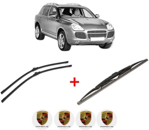 Set 3 stergatoare PORSCHE CAYENNE (9PA) din 2002 - 2010, pentru parbriz si luneta fata si spate auto, Bosch Twin, din cauciuc siliconat rezistent, 4 Stickere Auto PORSCHE v4223