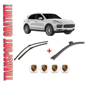 Set 3 stergatoare PORSCHE CAYENNE (9YA) din 2017, pentru parbriz si luneta fata si spate auto, Bosch Aerotwin, din cauciuc siliconat rezistent, 4 Stickere Auto PORSCHE
