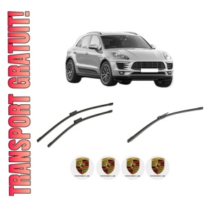 Set 3 stergatoare PORSCHE MACAN (95B) din 2014-2021, pentru parbriz si luneta fata si spate auto, Bosch Aerotwin-Aerotwin, din cauciuc siliconat rezistent, 4 Stickere Auto PORSCHE